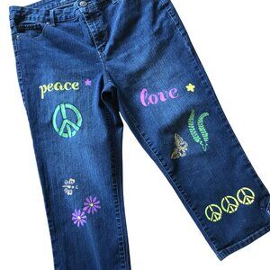 Upcycled Gloria Vanderbilt Painted Hippie Jeans, Festival Denim Capris, Size 10
